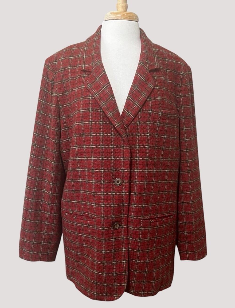 Vtg 90s Eddie Bauer Red Tartan Plaid Wool Blazer Jacket Women XL Preppy Academia